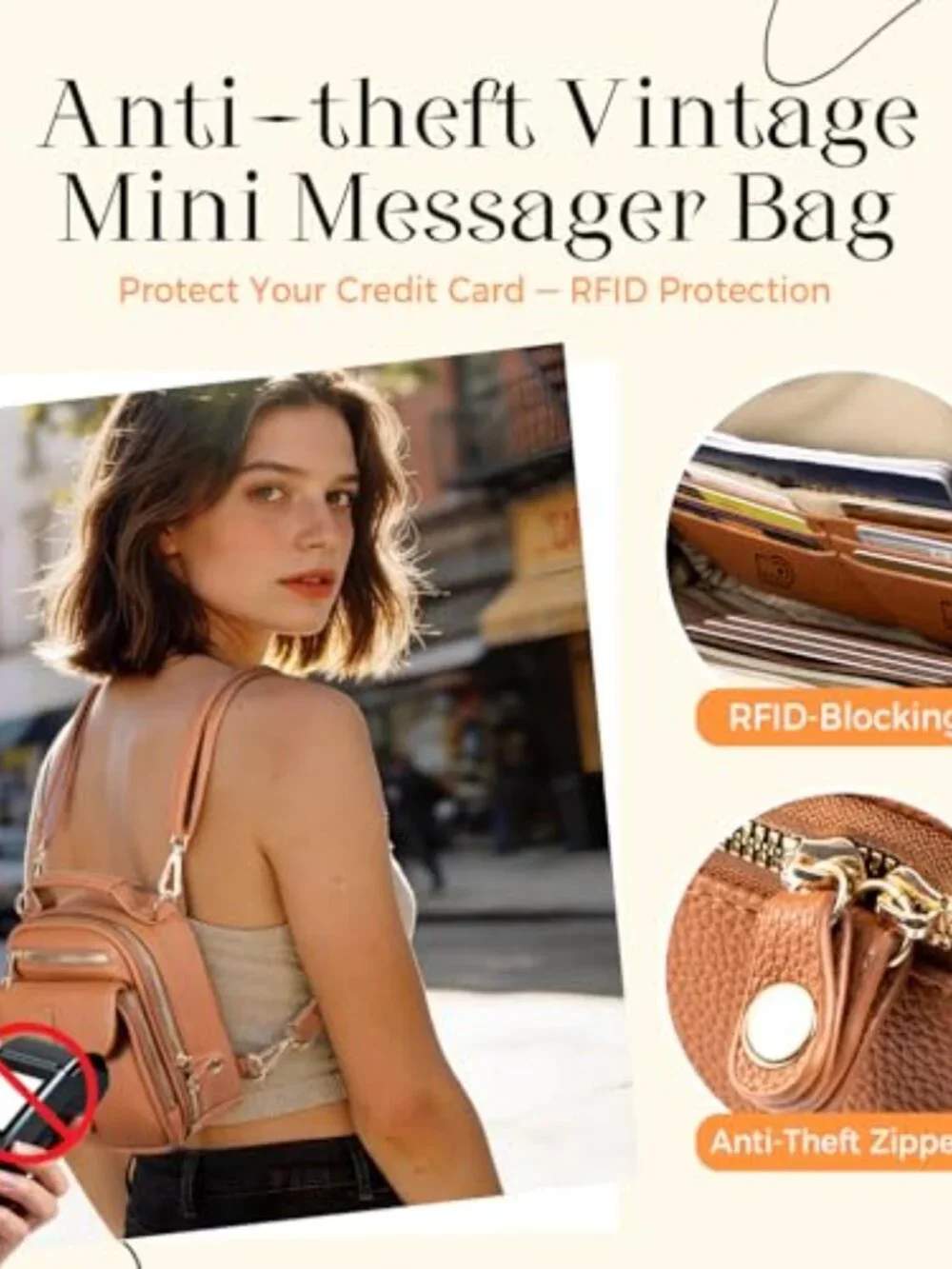Vegan Leather Crossbody Bag with 2 Straps Anti Theft RFID